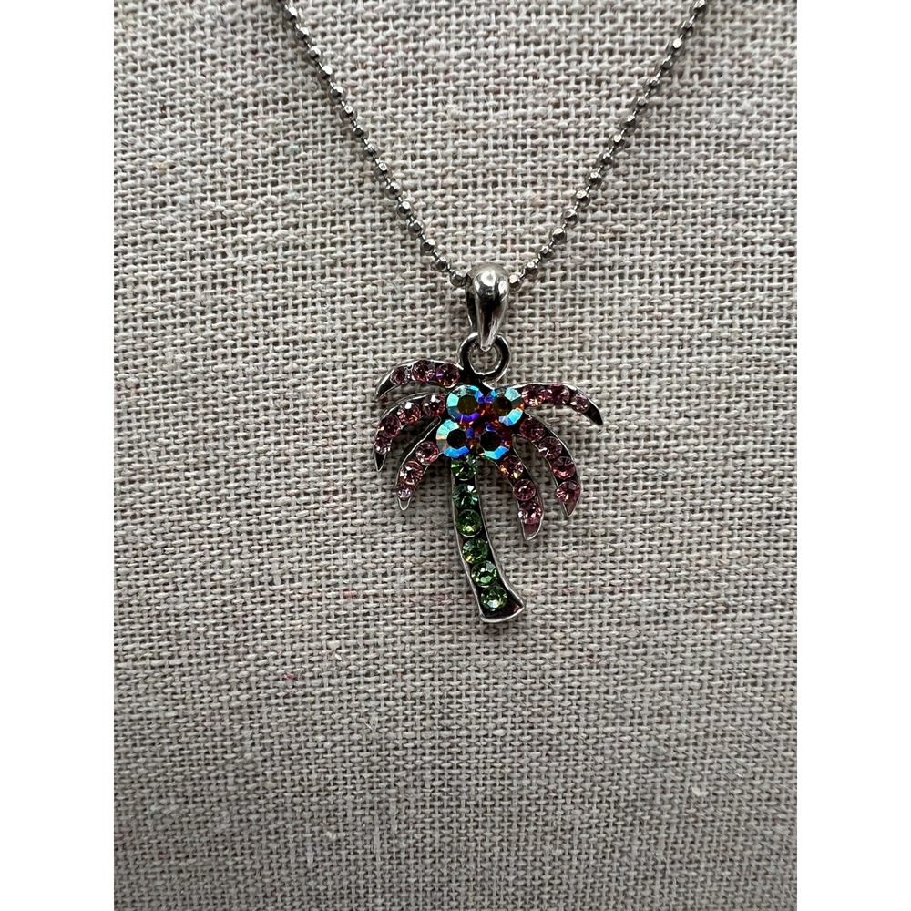 Cookie‎ Lee Palm Tree Pendant Necklace Y2K Tropical Boho Silver Rhinestone